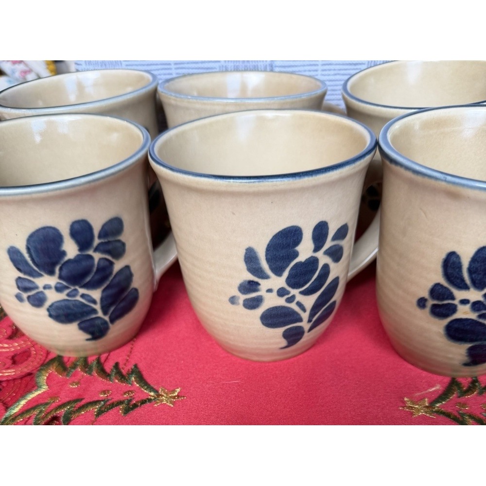 Lot 6Pfaltzgraff Folk Art Tumblers Cups Tan Blue Stoneware Pottery